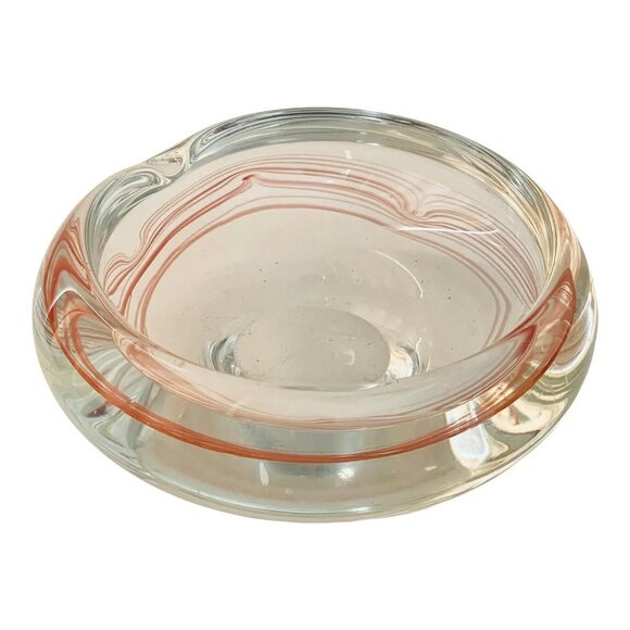 1960s Mid Century Modern Clear Crystal Bowl / Candy Dish With Coral Swirl